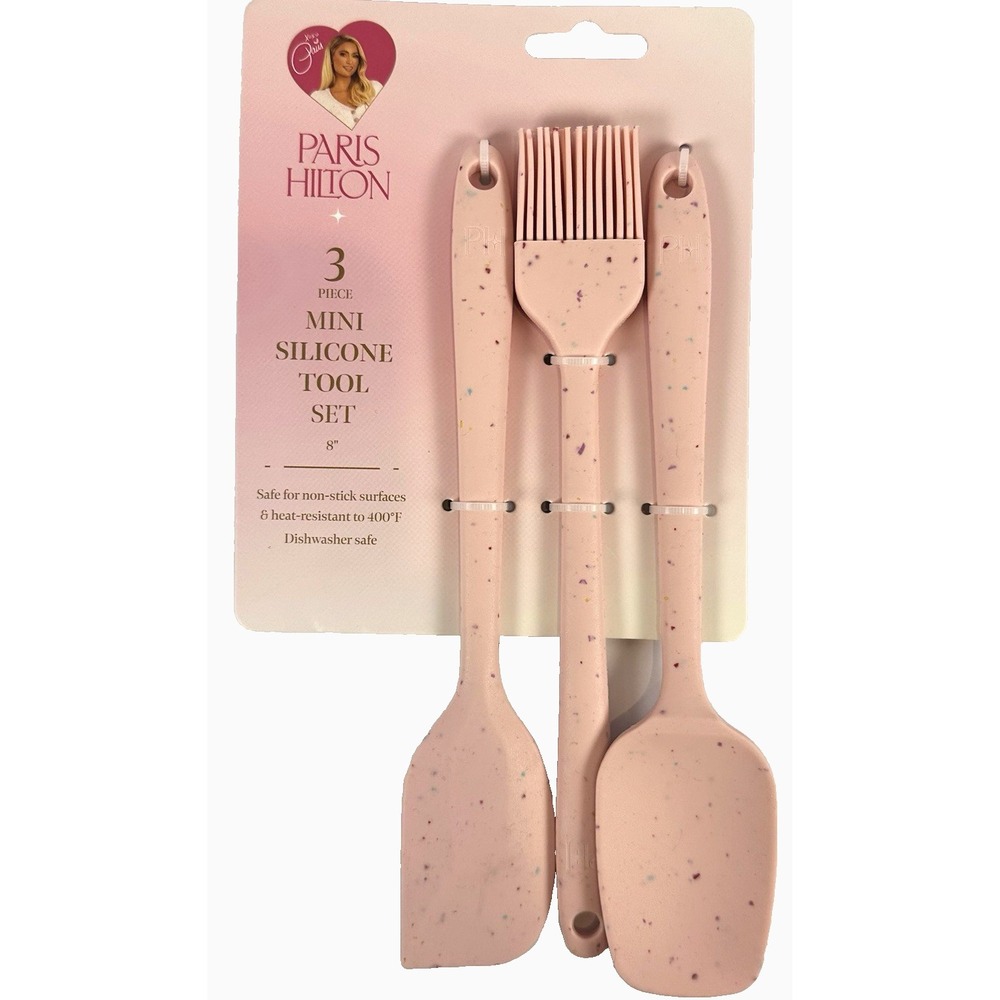 Paris Hilton Mini Silicone Kitchen Tool Set Pink Speckled 3pc 8" Spatula Brush